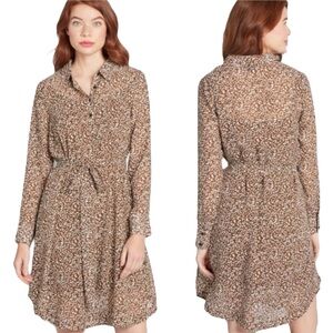 ModCloth Brown Leopard Print Shirt Mini‎ Dress Sz XL Belt Tie Chiffon Indie Boho